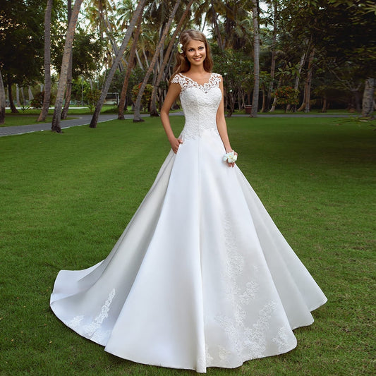 Best France Lace Satin A line Wedding Dress Abiti Da Sposa Sexy Backless Simple White Gowns Plus Size Vestidos De Boda - LiveTrendsX