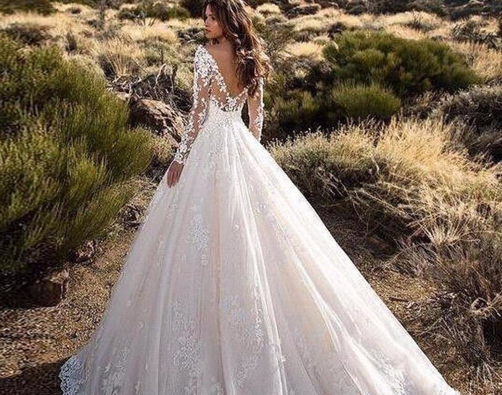 Long Sleeve Wedding Dress Bestidos De Novia O-neck Backless Appliques Lace Flowers A-line Wedding Gowns Bodas - LiveTrendsX