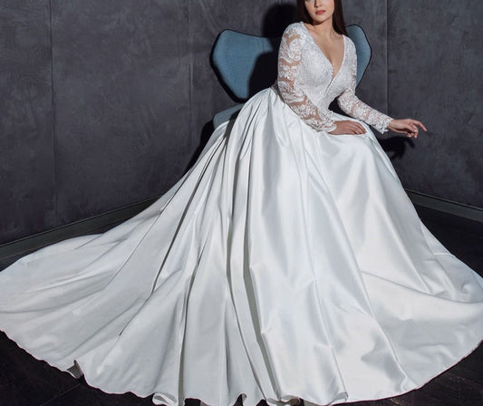 Best France Satin Wedding Gowns With Detachable Train Robe Mariage Beading V-neck Buttons Up Back Long Sleeve Wedding Dress - LiveTrendsX