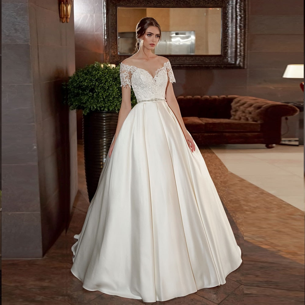 Custom Made Short Sleeve France Satin A Line Wedding Dresses Bestidos De Novia Buttons Up Beading Pearls Waist Appliques Gowns - LiveTrendsX