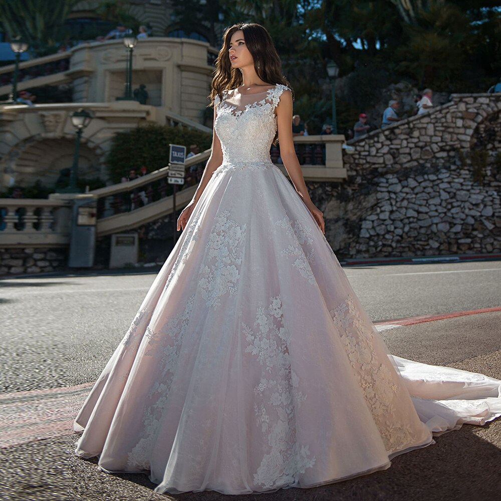 Beading Appliques Lace Wedding Dresses Plus Size Sukienka Na Wesele O-neck Buttons Up Sleeveless Princess Bride Gowns Casamento - LiveTrendsX