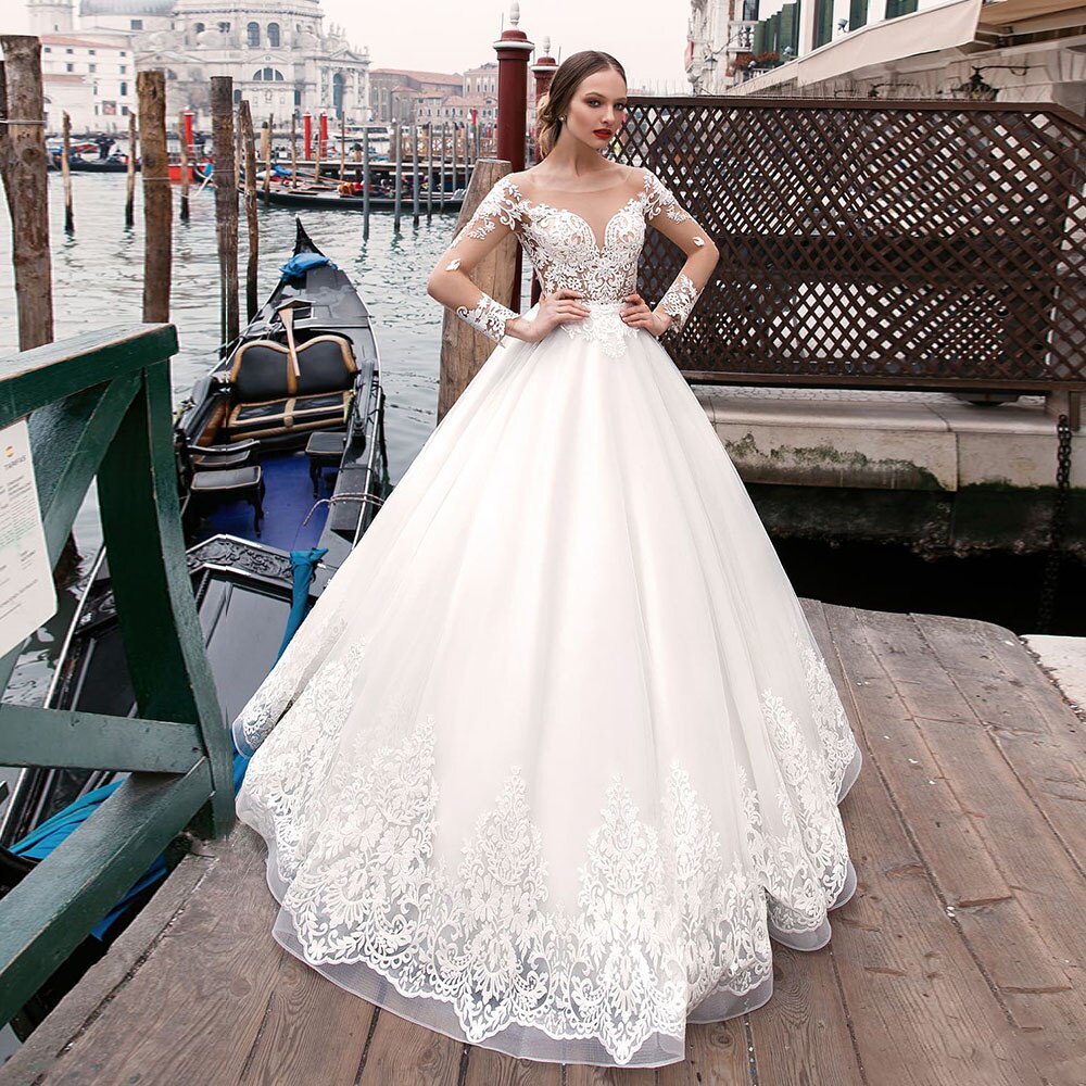 Pearls Appliques Layers Tulle A-line Wedding Dresses Long Sleeve Plus Size Vestido Branco O-neck Buttons Up Princess Bride Gowns - LiveTrendsX