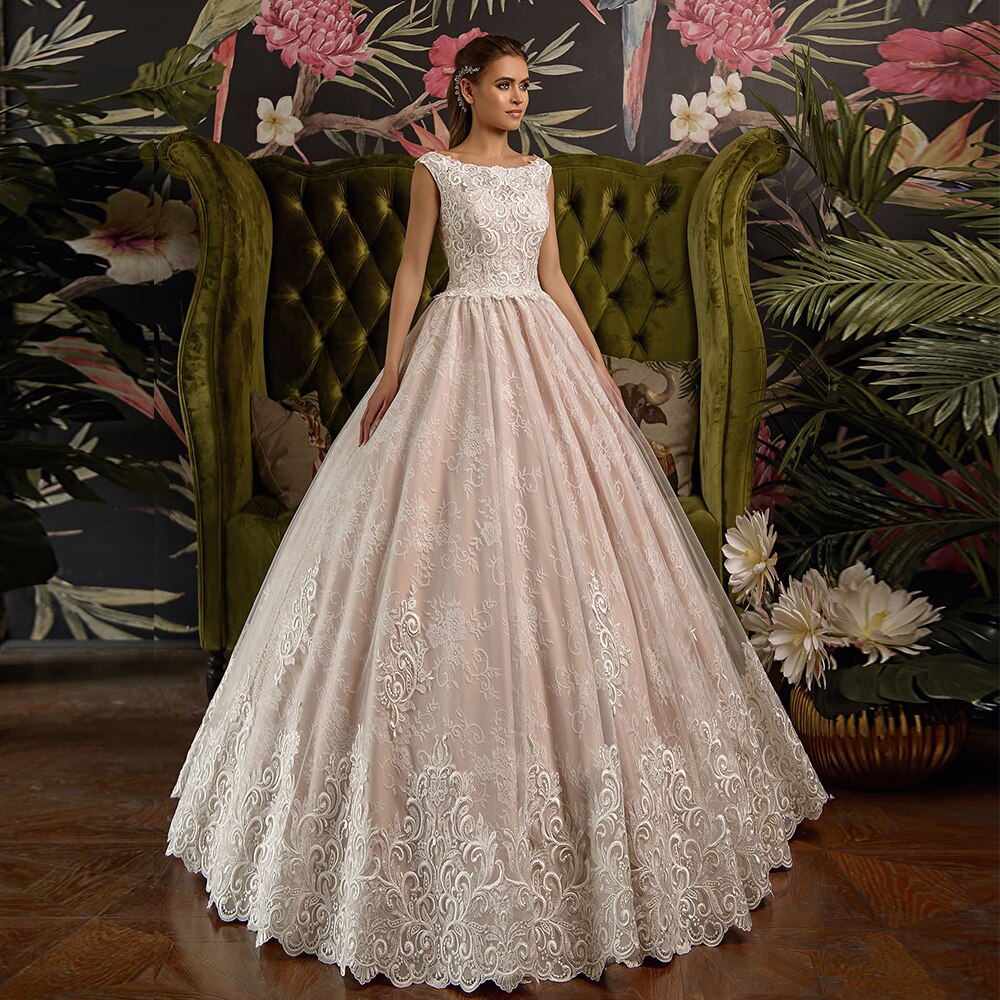 Princess Appliques Lace Wedding Dresses Without Train Robe De Mariee 2020 Scalloped Neck Floor Length A-line Bride Gowns - LiveTrendsX