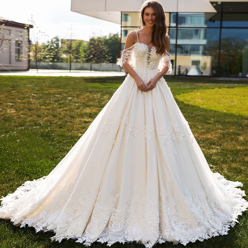 Princess A-line Wedding Dresses Vestido De Noiva Princesa Shoulder Straps Short Sleeve Zipper Up Appliques Beading Bridal Gowns - LiveTrendsX