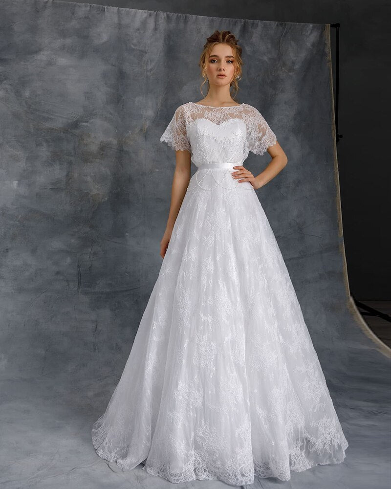 Short Sleeve Pearls Lace Wedding Gowns Vestido De Noiva Renda O-neck Floor Length Bridal Dresses Abiti Da Sposa - LiveTrendsX