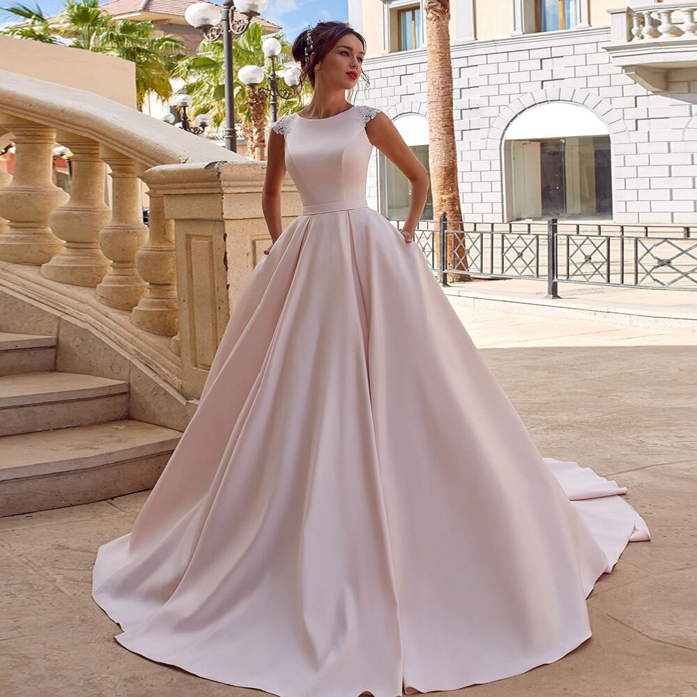 Best France Satin A-line Wedding Dresses Robe Mariage Femme Beading Appliques Buttons Up Princess Bride Gowns With Pockets - LiveTrendsX