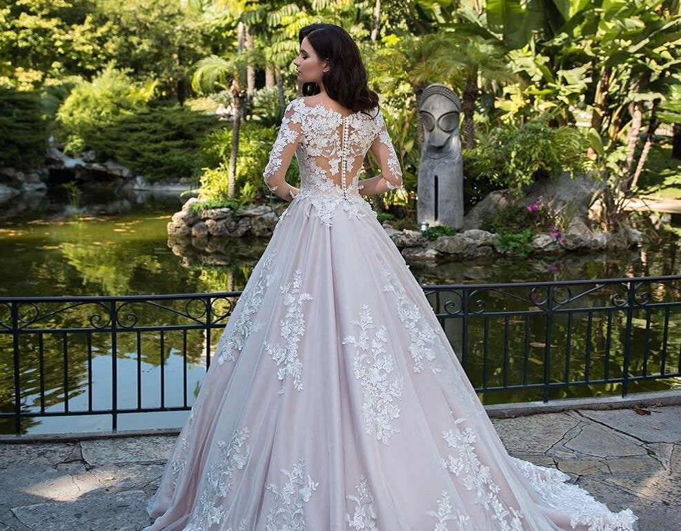 Princess A-line Wedding Dresses Long Sleeve Vestidos De Boda All Over Appliques Lace Wedding Gowns Turkey - LiveTrendsX
