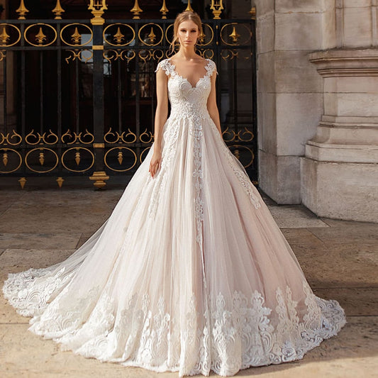 Appliques Tulle A-line Wedding Dresses Vestidos De Noiva O-neck Buttons Up Sleeveless Princess Gowns - LiveTrendsX