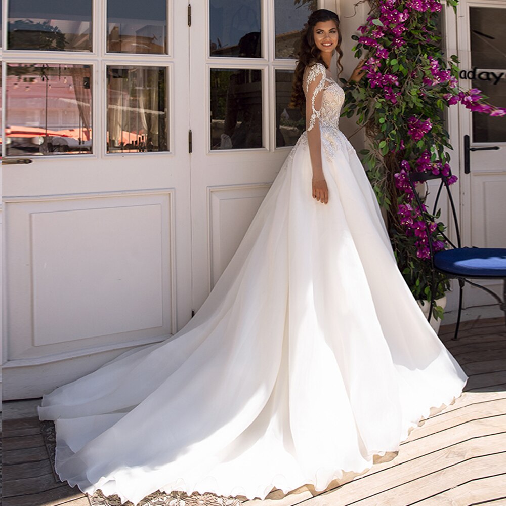 Custom Made Appliques Beading Long Sleeve Wedding Dresses Boho  Sukienka Elegancka Tulle Bridal Gowns - LiveTrendsX