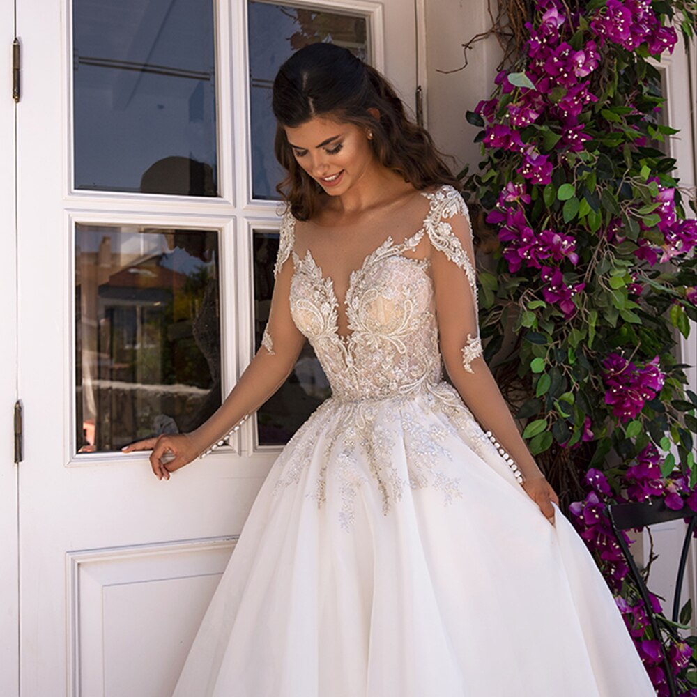 Custom Made Appliques Beading Long Sleeve Wedding Dresses Boho  Sukienka Elegancka Tulle Bridal Gowns - LiveTrendsX
