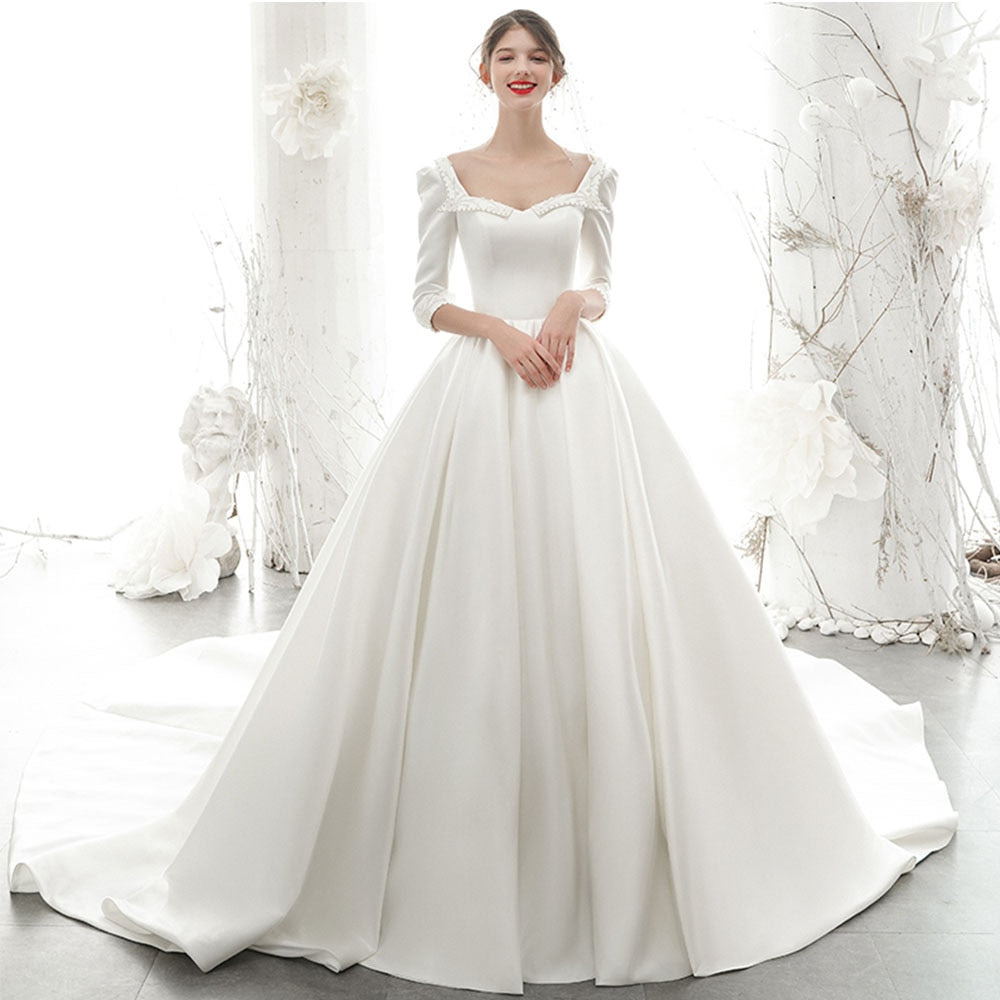 New Arrive Princess Satin A-line Wedding dress With Half Sleeve  Casamento Beading Pearls Sequined Bridal Gowns - LiveTrendsX