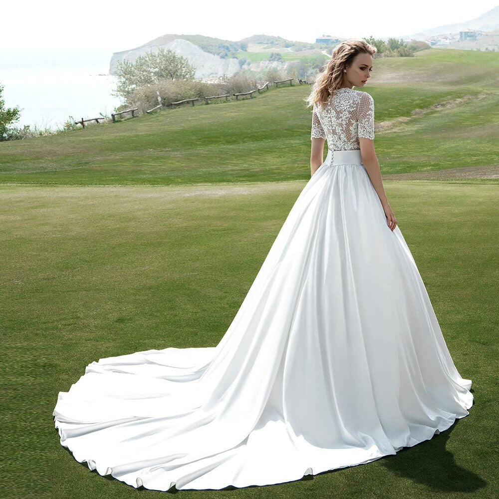 Vestidos De Novia 2020 Short Sleeve Buttons Up Back Pearls Appliques Lace See Through White Satin Bridal Wedding Dresses - LiveTrendsX