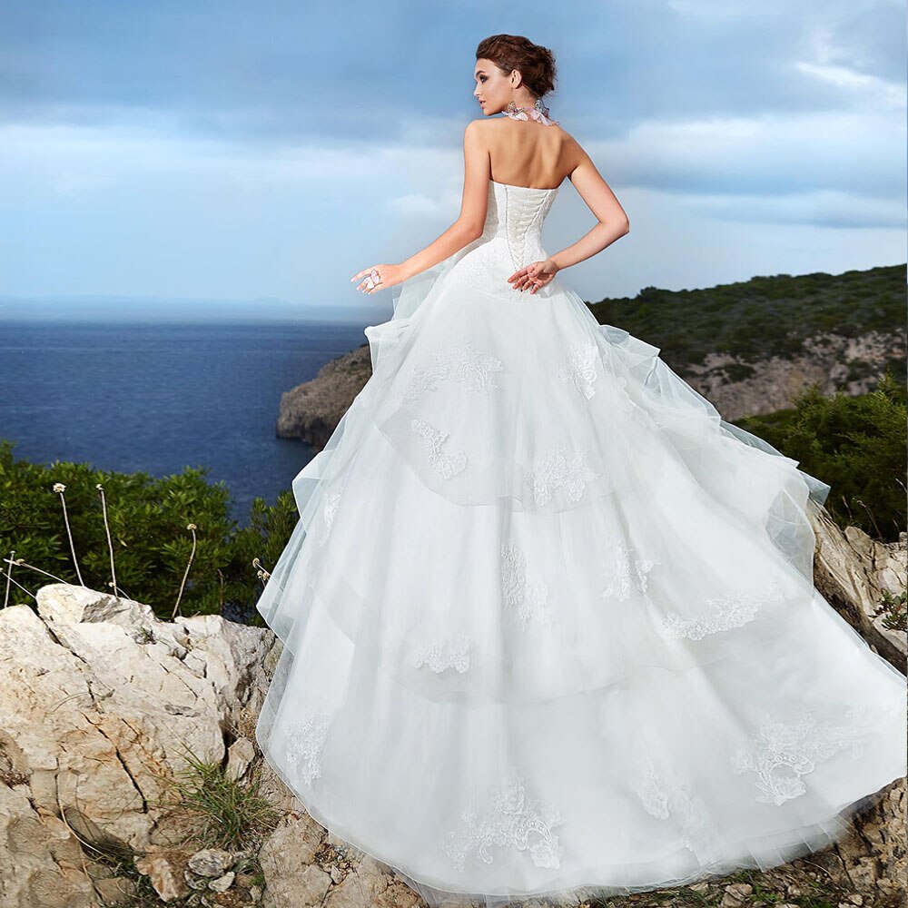 New Special Appliques Lace A-line Wedding Dresses Vestidos Strapless Neck White Bridal Gowns - LiveTrendsX