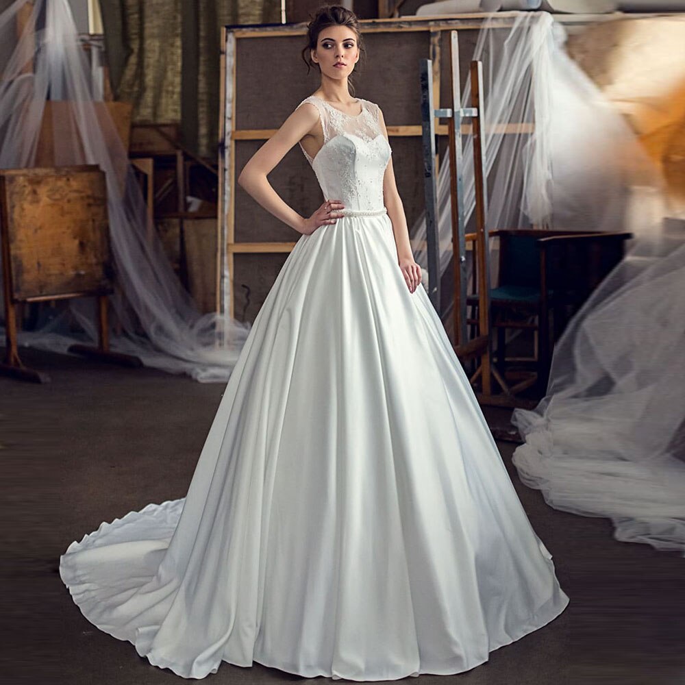 Custom Made Pearls Waist Beading Sequined Lace Satin Wedding Dress Suknia Slubna O-neck A-line Bridal Gowns - LiveTrendsX