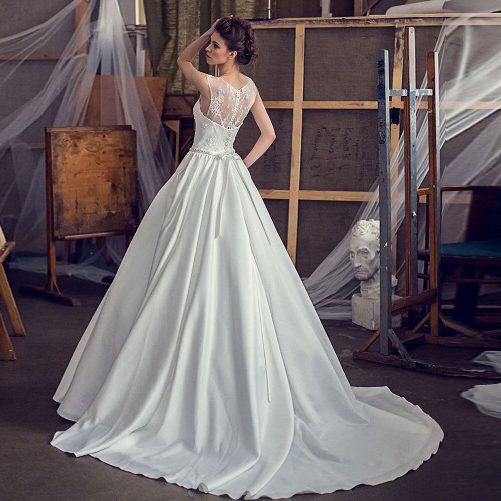 Custom Made Pearls Waist Beading Sequined Lace Satin Wedding Dress Suknia Slubna O-neck A-line Bridal Gowns - LiveTrendsX