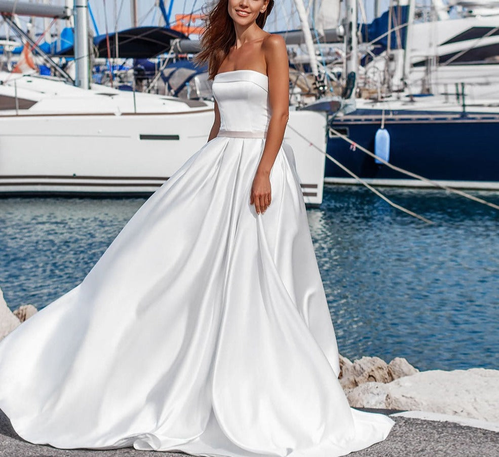 Best France Satin Wedding Dress A-line Plus Size  Suknia Slubna Strapless Lace Up Back Simple Bridal Gowns - LiveTrendsX