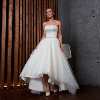 High Low Simple Wedding Dresses Elegant Robe Mariage Femme Strapless Neck Lace Up None Train Bow White Bridal Gowns Matrimonio - LiveTrendsX