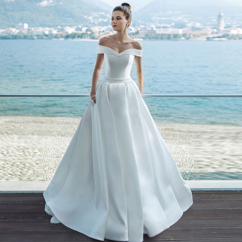Custom Made Best France Satin Sheath Wedding Dress Plus Size Vestidos Off The Shoulder Short Sleeve White Gown With Pockets - LiveTrendsX