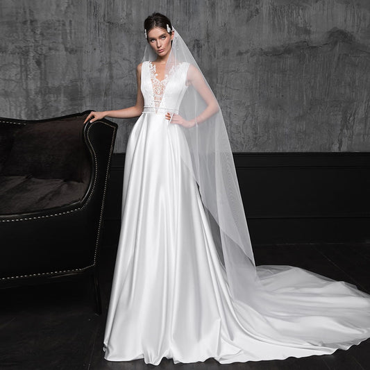 Beading Lace Satin Sheath Wedding Gowns  Elegant White Bridal Dress Abito Da Sposa - LiveTrendsX