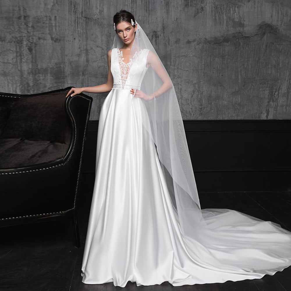 Beading Lace Satin Sheath Wedding Gowns  Elegant White Bridal Dress Abito Da Sposa - LiveTrendsX