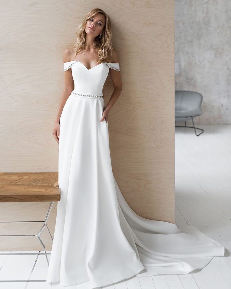 Custom Made Sheath Wedding Dresses Bestidos De Novia Off Shoulder Short Sleeve Sweetheart Neck Beading Crystal Satin Gowns - LiveTrendsX