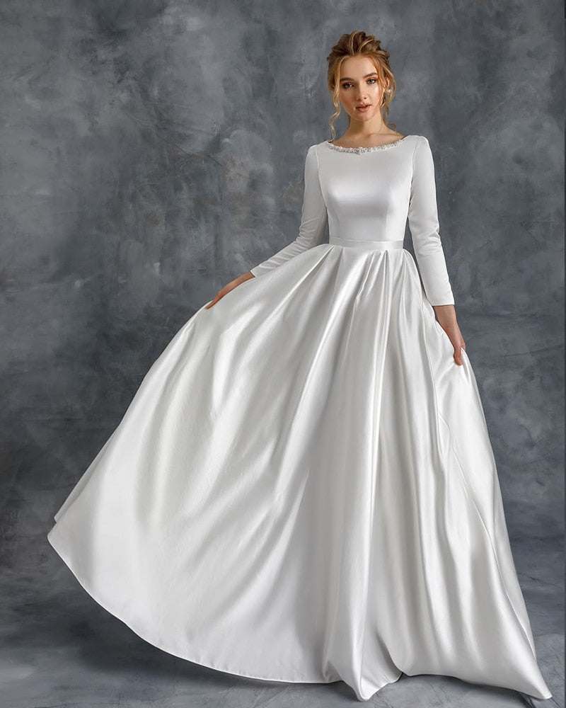 New Arrival Simple Satin Wedding Dresses Three Quarter Sleeve Robe Mariage Femme Pearls Neck Zipper Up Bridal Gowns Robe Mariage - LiveTrendsX