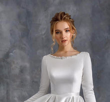 Load image into Gallery viewer, New Arrival Simple Satin Wedding Dresses Three Quarter Sleeve Robe Mariage Femme Pearls Neck Zipper Up Bridal Gowns Robe Mariage - LiveTrendsX
