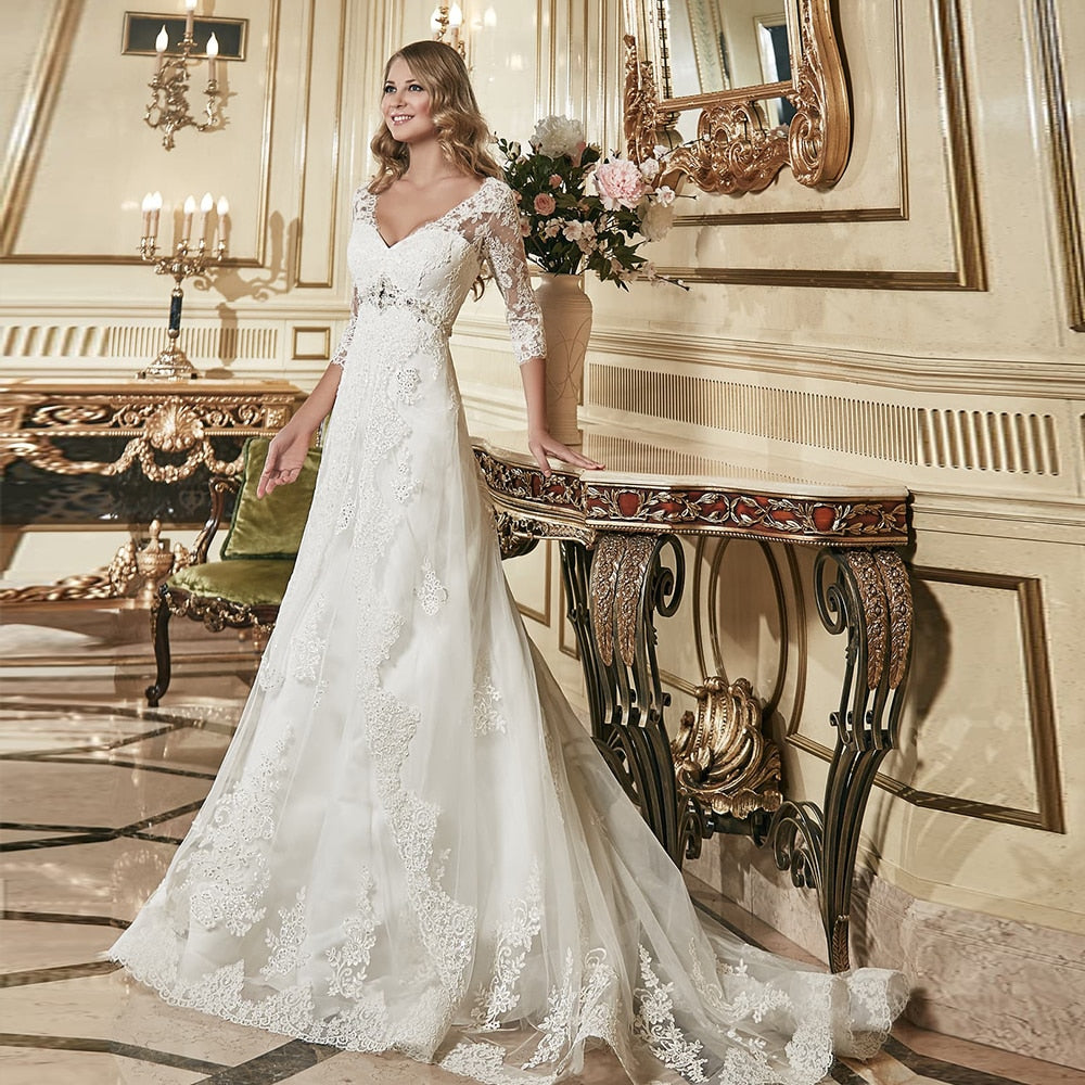 Beaded Crystal Waist Appliques Sheath Wedding Dress With Three Quarter Sleeve Aliexpress Login Sexy V-neck Sim Bridal Gowns - LiveTrendsX