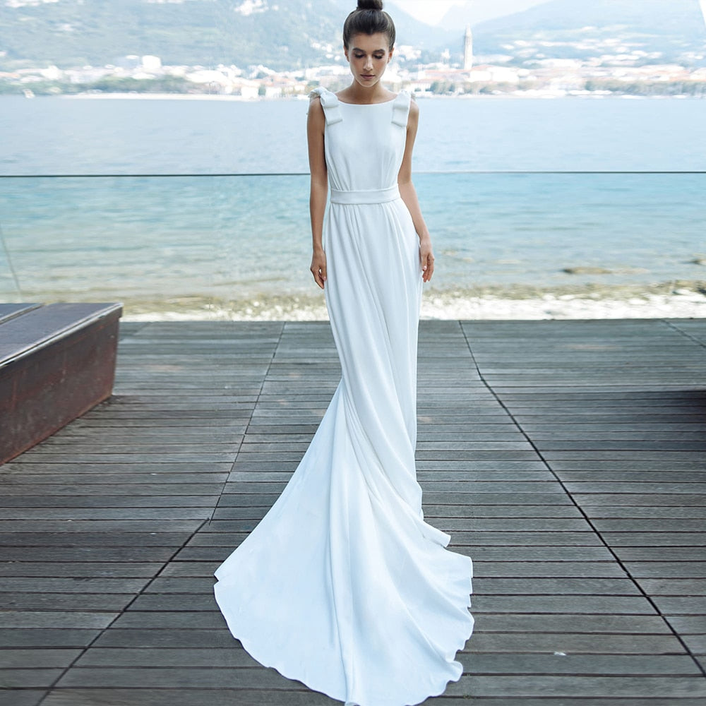 New Arrivals White Satin Bow Sheath Wedding Dress  Vestido Novia Sexy Backless Simple Bridal Gowns - LiveTrendsX