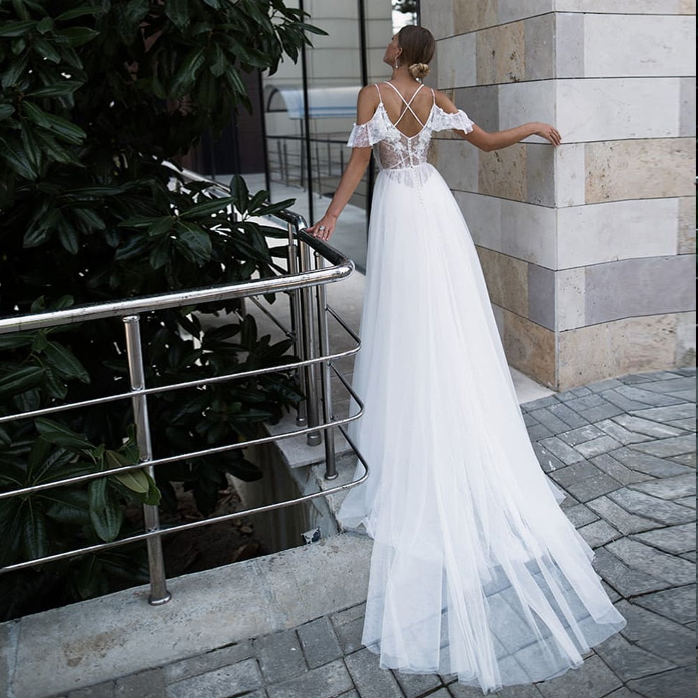 Beading Lace Tulle Flowers Beach Wedding Dresses Boho Vestidos De Novia Shoulder Straps Short Sleeve Elegant Wedding Gowns - LiveTrendsX