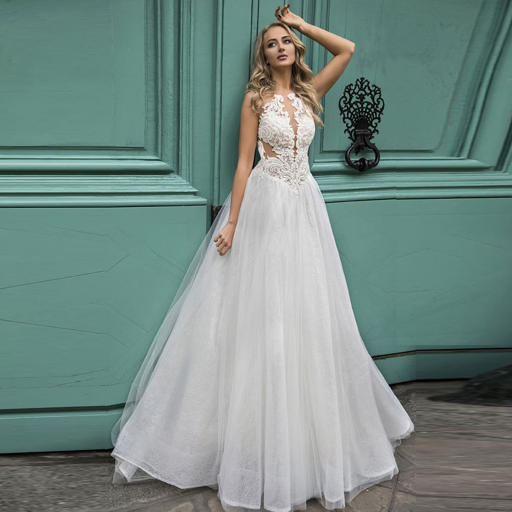 Pearls Appliques Lace White Beach Wedding Dresses Vestidos De Novia Praia Open Back Elegant Wedding Gowns - LiveTrendsX