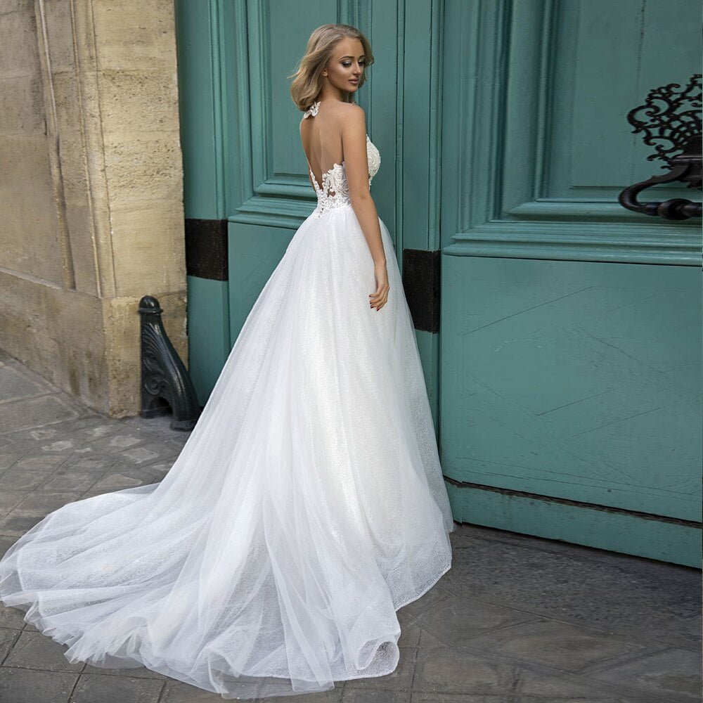 Pearls Appliques Lace White Beach Wedding Dresses Vestidos De Novia Praia Open Back Elegant Wedding Gowns - LiveTrendsX