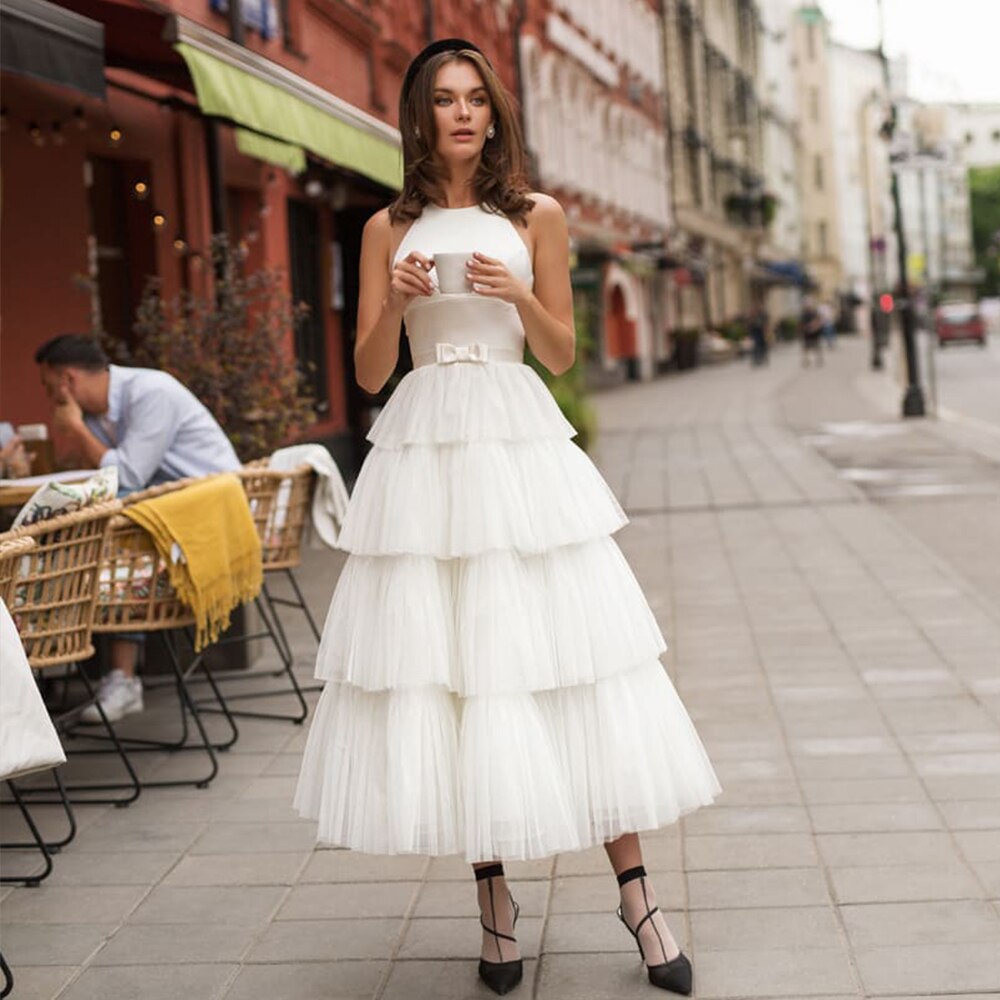Tiered Skirt Tea-Length Bow White Wedding Dresses  Vestido Elegante White Beach Wedding Gowns - LiveTrendsX