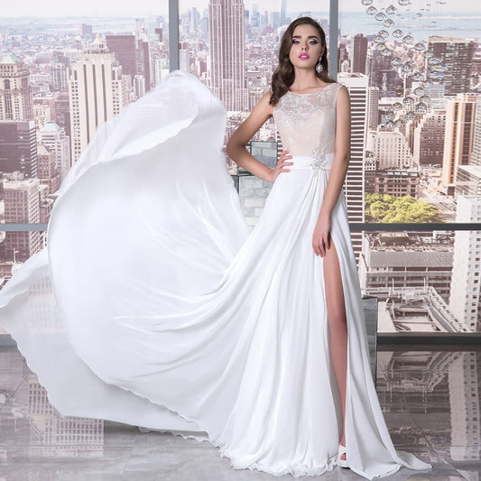 Beading Appliques Lace Chiffon Elegant Beach Wedding Dresses With Sexy Skirt Slit Vestido De Noiva Praia - LiveTrendsX