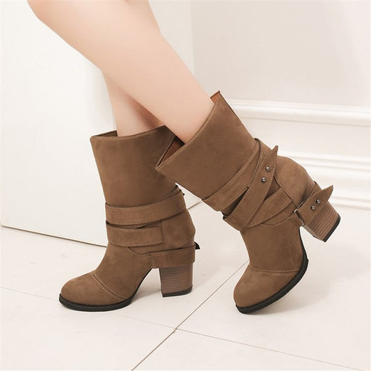 Women Boots Fashion round Toe Women winter Boots Comfortable Square Heel Flock Shoes Women Belt decoration Mid-calf Martin Boots - LiveTrendsX