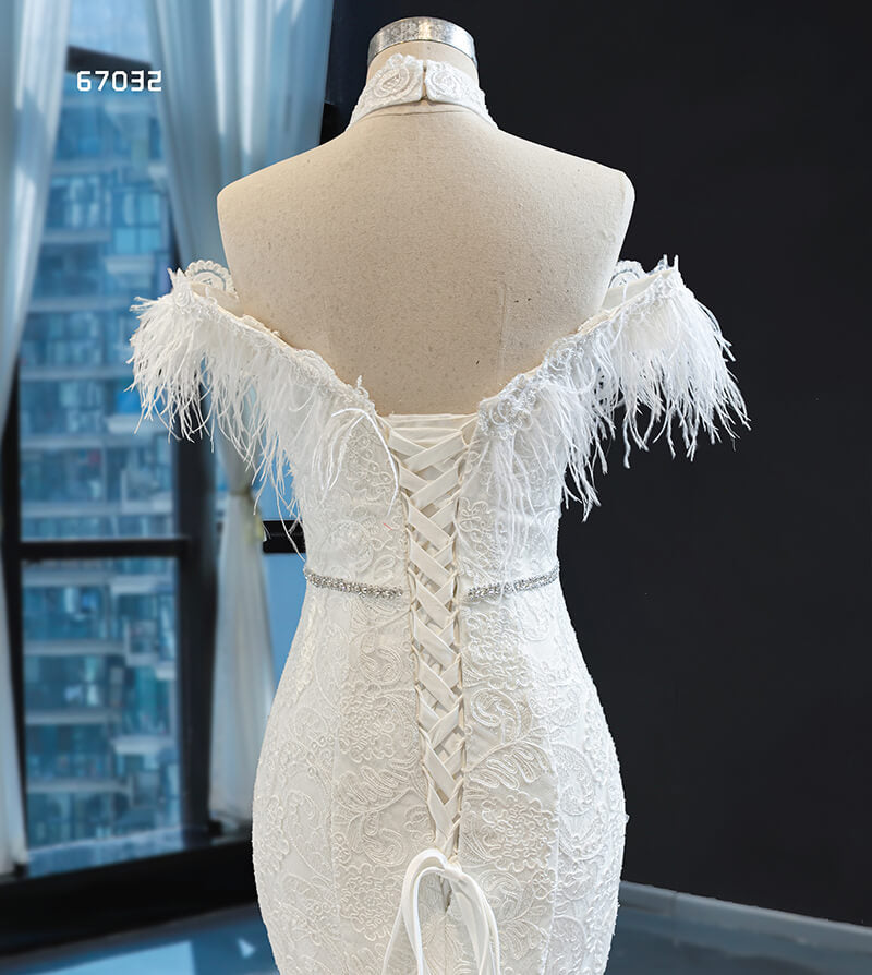 Mermaid Celebrity Dress Halter Neck Feather Boat Neck Short Sleeve Lace Up Back - LiveTrendsX