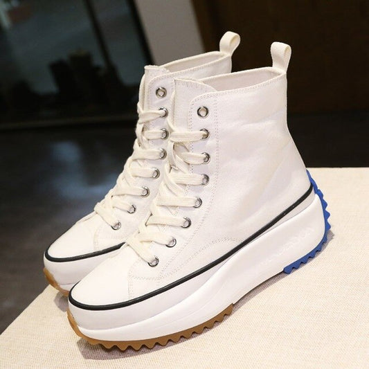 Boots female 2020 autumn hot new fashion denim trend lace-up flat canvas shoes casual wild Light breathable thick bottom shoes - LiveTrendsX