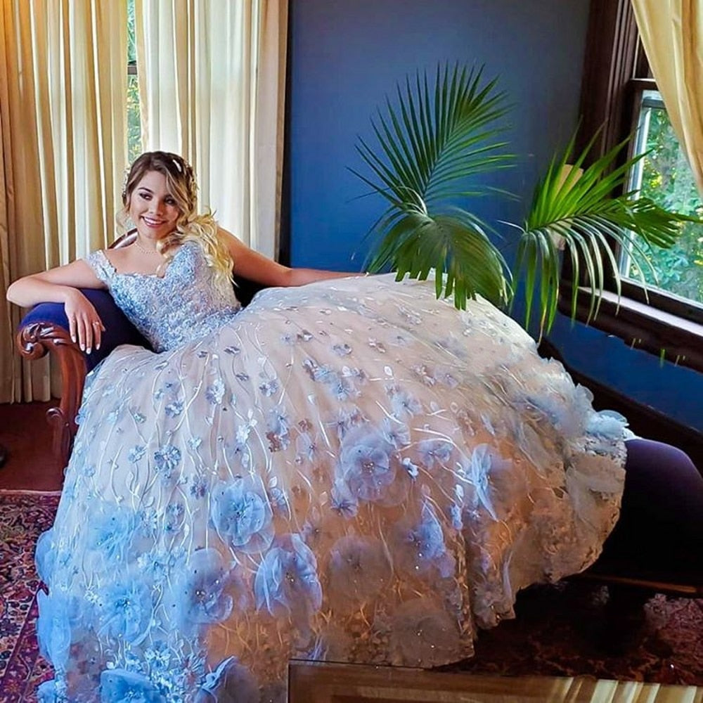 Light Sky Blue Ball Gown Quinceanera Dresses Beads 3D Flowers Off Shoulder Formal Prom Gowns Sweet 16 Dress - LiveTrendsX