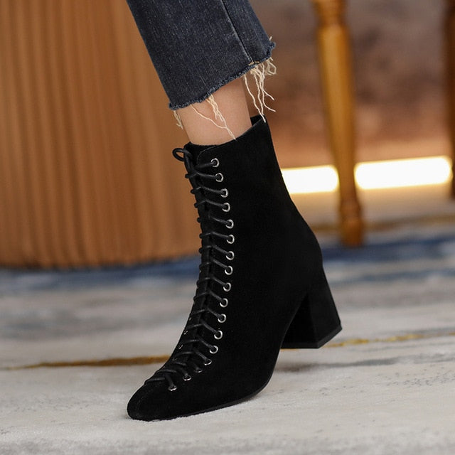 Fashion Woman Ankle Boots High Quality Genuine Leather Handmade Autumn Winter Boots Cross-Tied High Heels Boots Woman - LiveTrendsX