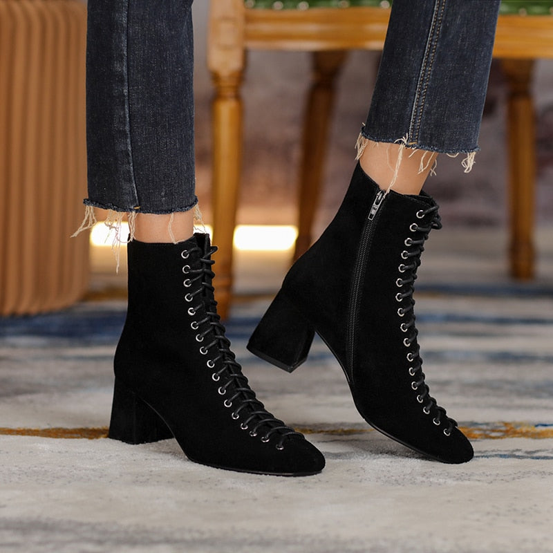 Fashion Woman Ankle Boots High Quality Genuine Leather Handmade Autumn Winter Boots Cross-Tied High Heels Boots Woman - LiveTrendsX