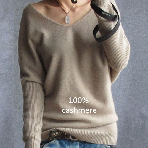 Spring autumn cashmere sweaters women fashion sexy v-neck pullover loose 100% wool batwing sleeve plus size knitted tops - LiveTrendsX