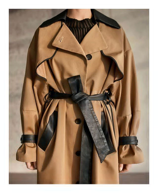 Korea Runway designer 2020 Fall /Autum Leather Patchwork Maxi Long Trench coat with belt Chic Female windbreaker Classic - LiveTrendsX