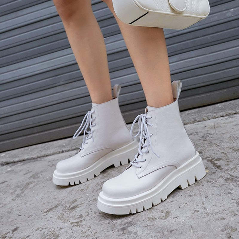 Size 34-43 2021 New INS Woman Leather Ankle Boots Lace Up Shoes Woman Short  Winter Warm Boots Platform Heels Footwear - LiveTrendsX
