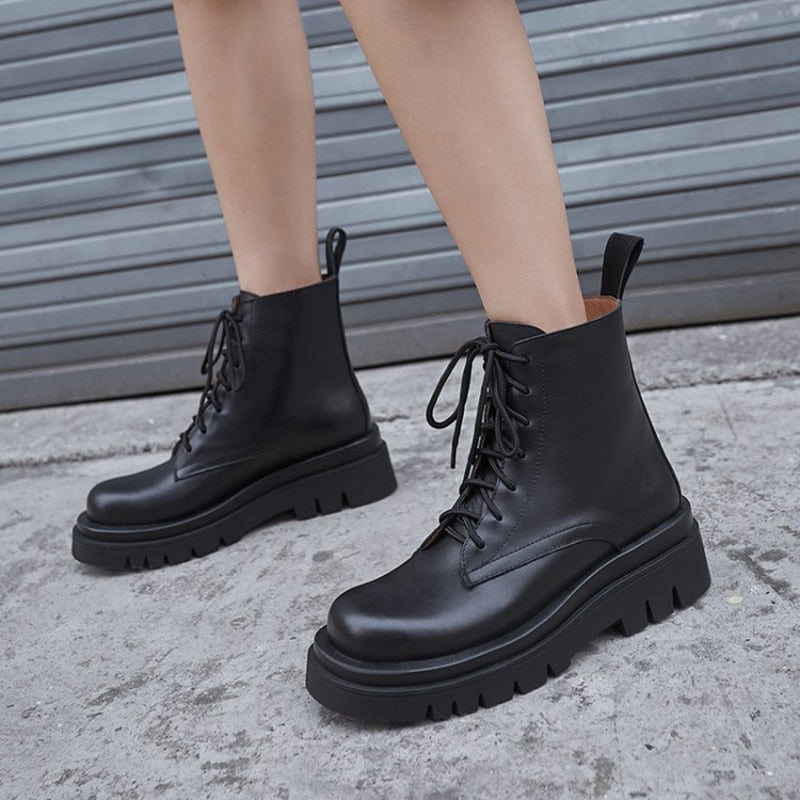 Size 34-43 2021 New INS Woman Leather Ankle Boots Lace Up Shoes Woman Short  Winter Warm Boots Platform Heels Footwear - LiveTrendsX