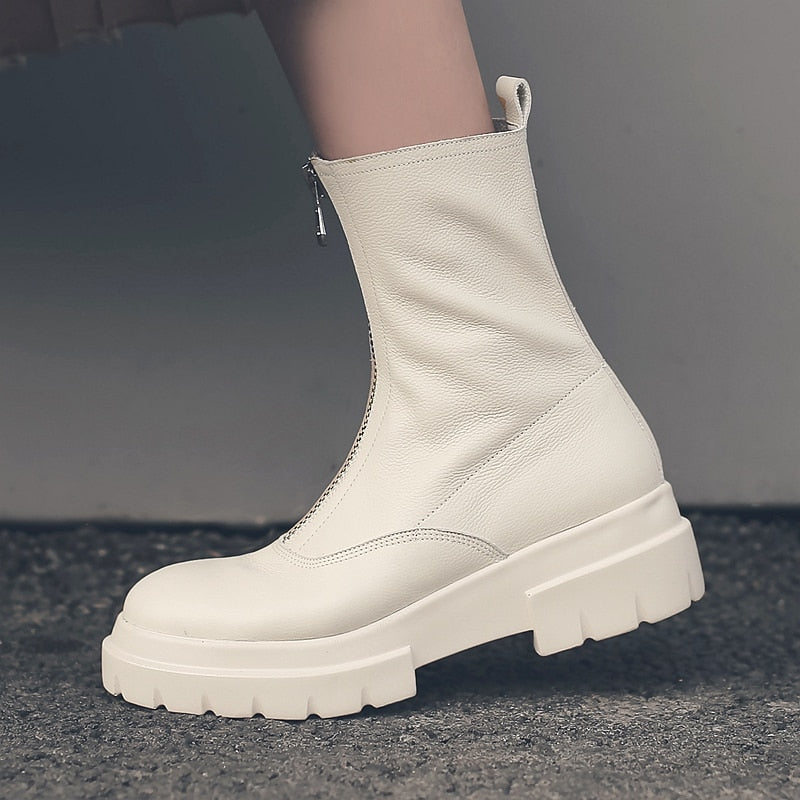 Women Genuine Leather Boots fashion Handmade cow leather patent leather short boots Front zipper platform short boots Tube circ - LiveTrendsX