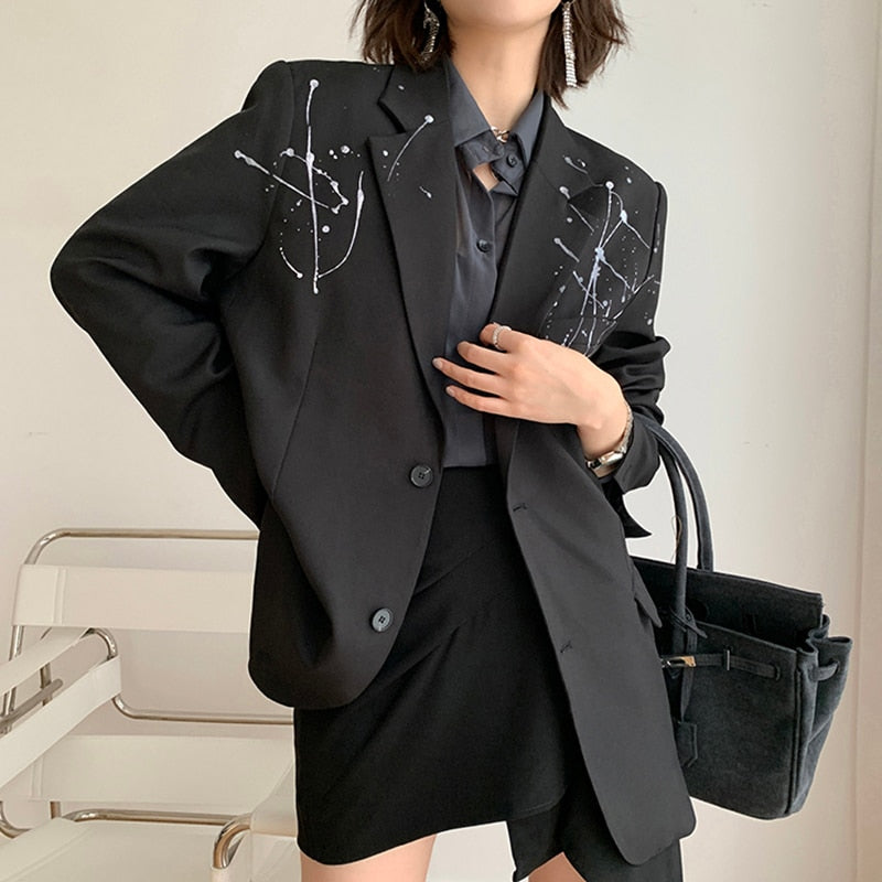 Women Black Pattern Printed Big Size Blazer New Lapel Long Sleeve Loose Fit  Jacket Fashion Tide Spring Autumn 2020 - LiveTrendsX