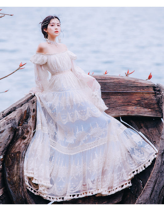 Summer Lace Long Women Dress Evening Party Maxi Vintage Lady White Off The Shoulder Floor-length Tassel Dress Tunic - LiveTrendsX