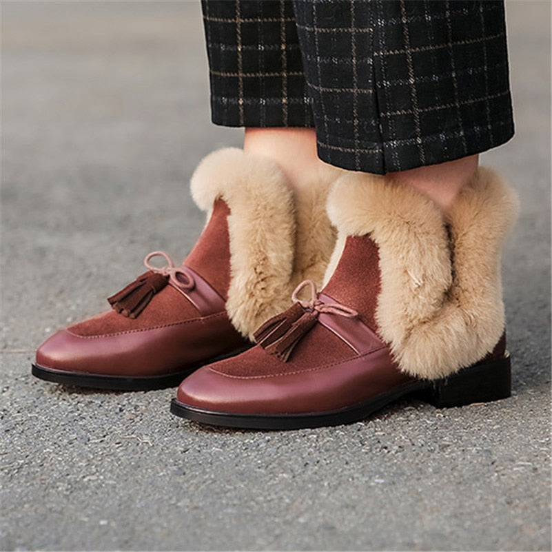 Women Genuine Leather Ankle Boots Butterfly-knot Casual Basic Shoes Woman New Autumn Winter Short Snow Boots - LiveTrendsX