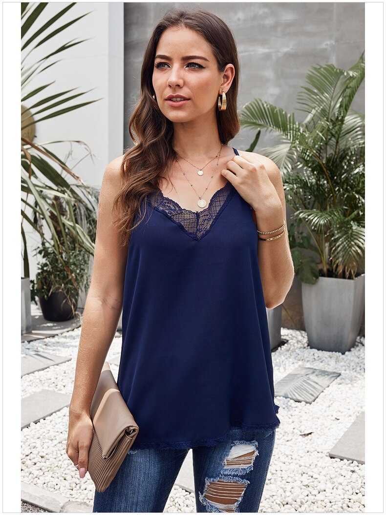 Europe America New Style Sexy V-neck Camisole Women's Lace Joint Hollow out Summer Tops Outer Wear  Delicate Balance Cami Tank - LiveTrendsX