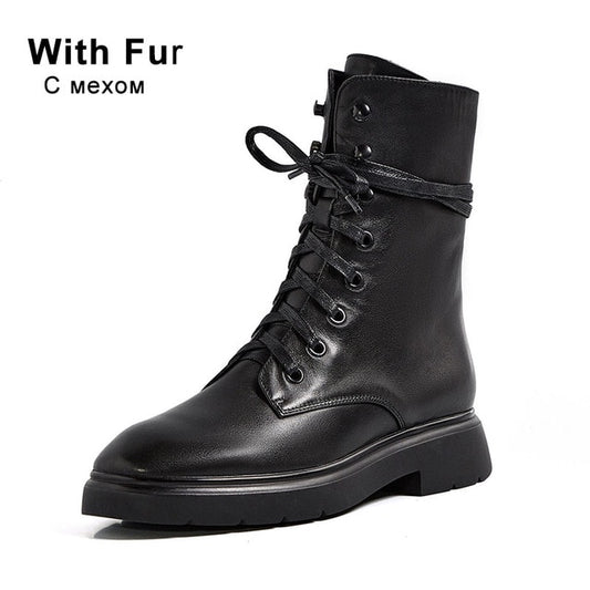 Size 33-42 Ins New Ankle Boots Women Round Toe Thick Heel Lace Up Genuine Leather Shoes High Quality Cool Shoes Footwear - LiveTrendsX